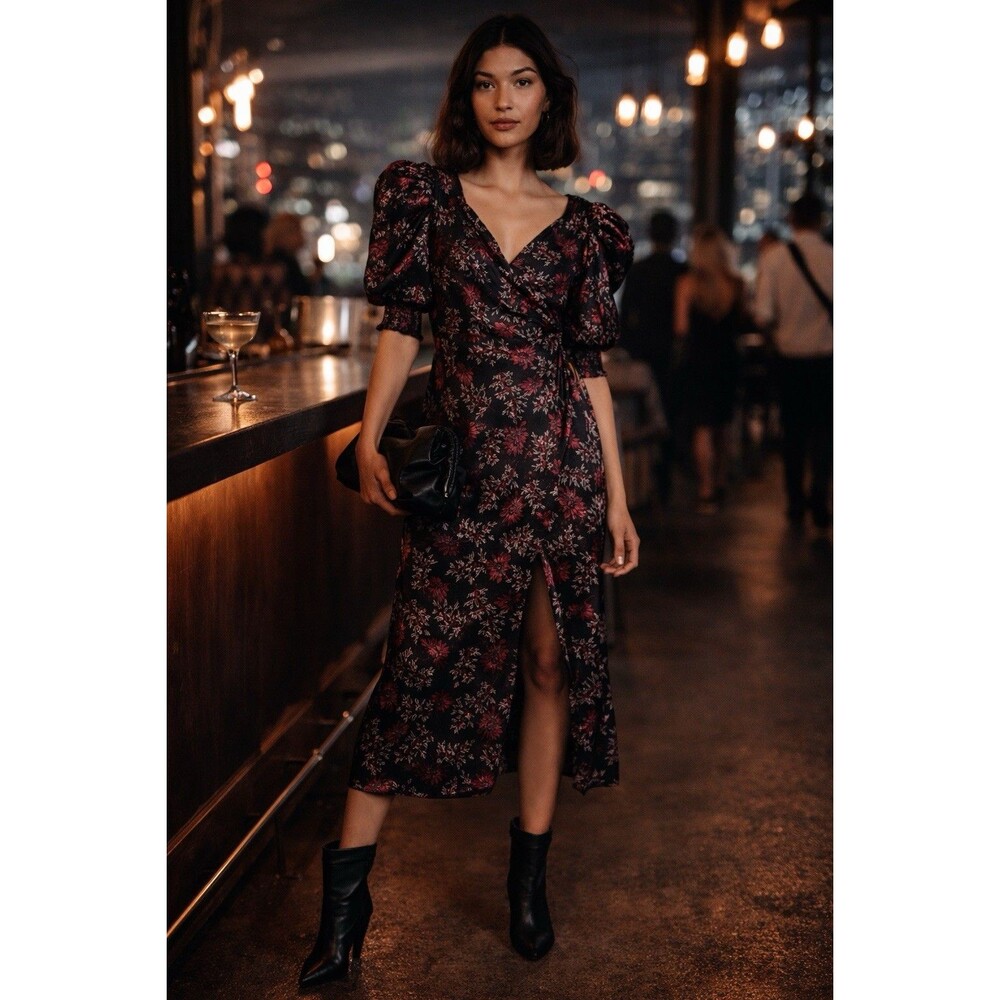 Cinq a Sept Kacy Wrap Midi Dress Tumbled Daisy Floral Raspberry Size 14